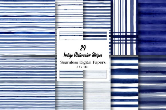 Indigo Watercolor Stripes Digital Papers