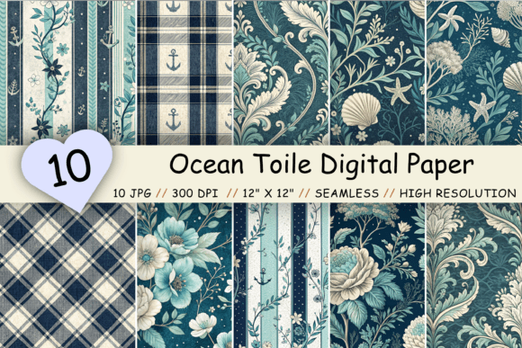 Ocean Toile Digital Paper Pack, Vintage