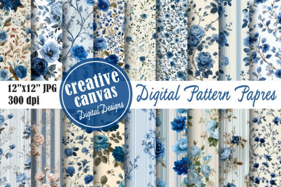Vintage Blue Rose Seamless Pattern Bundle